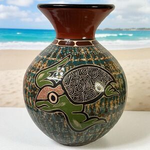 Costa Rica Pottery Sea Turtle Vase Handmade Etched Art Decor Signed 2016